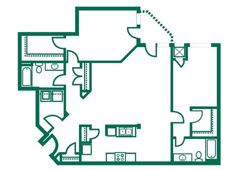 A floor plan of a house with a kitchen, living room, and two bedrooms.